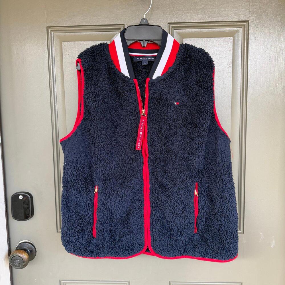 Tommy Hilfiger Women's Sherpa Fleece Vest Navy Blue Red Full Zip Size Large‎